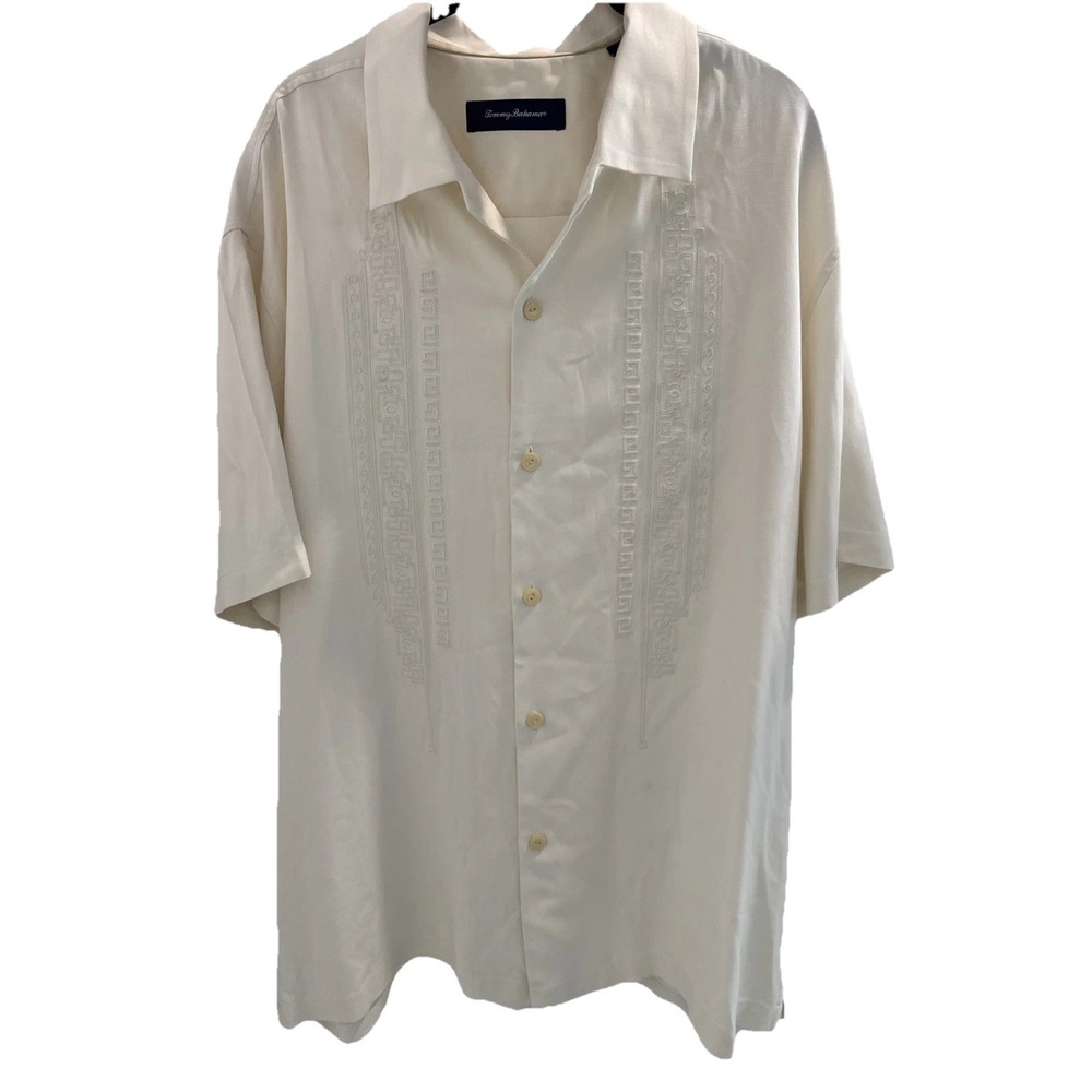 Tommy Bahama Silk Camp Embroidered‎ Shirt XL Cream Guayabera Travel Party Beach
